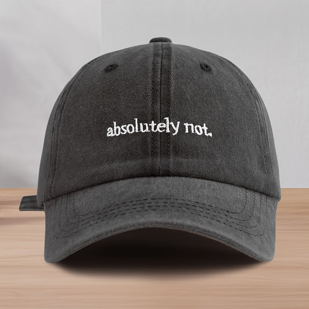 1pc Vintage Washed "Absolutely Not" Embroidered Baseball Cap - Unisex Lightweight Sun Protection Hat for Spring & Summer, Black Polyester with White Lettering, Adjustable Fit